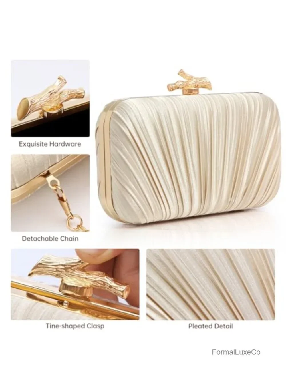 Pleated Satin Evening Clutch Bag with Chain for Women